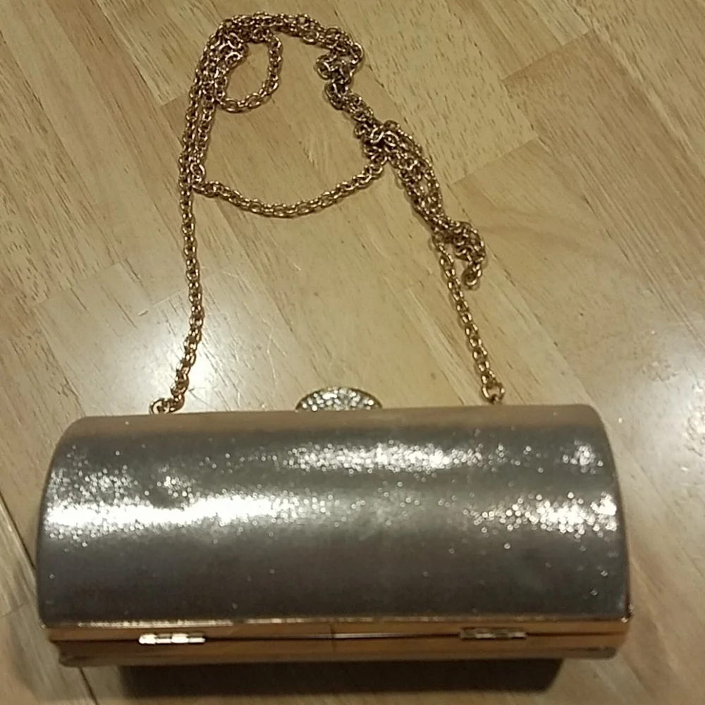 Lulu Townsend gold evening barrel crossbody clutch